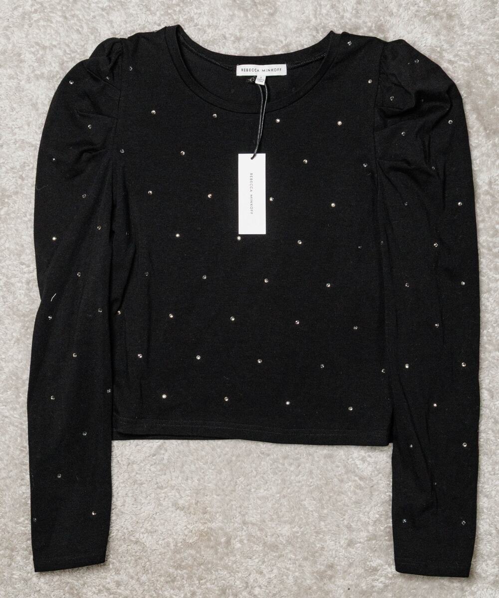 Rebecca Minkoff Talia Black Embellished Cropped Top Womens Size L NWT